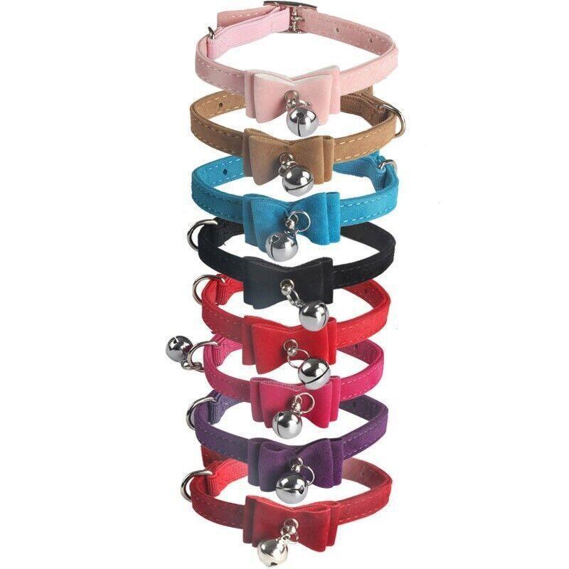 1× Adjustable Suede Cat Collar with Bow Bell Pink Blue Black Red