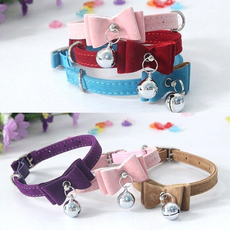 1× Adjustable Suede Cat Collar with Bow Bell Pink Blue Black Red