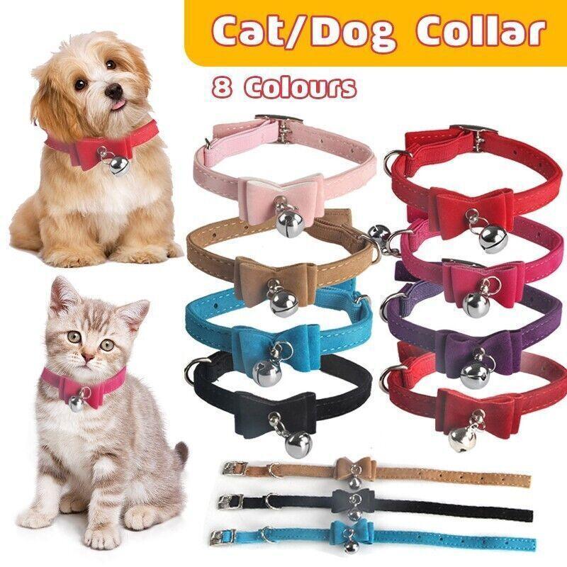 1× Adjustable Suede Cat Collar with Bow Bell Pink Blue Black Red