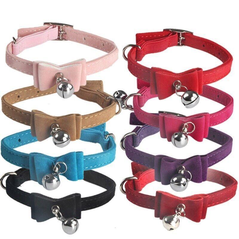 1× Adjustable Suede Cat Collar with Bow Bell Pink Blue Black Red