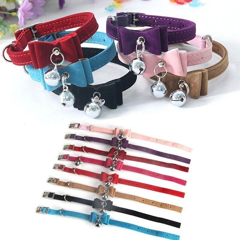 1× Adjustable Suede Cat Collar with Bow Bell Pink Blue Black Red