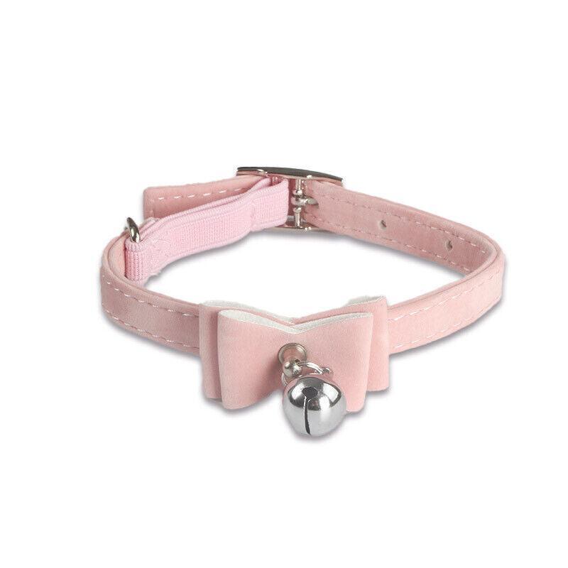 1× Adjustable Suede Cat Collar with Bow Bell Pink Blue Black Red