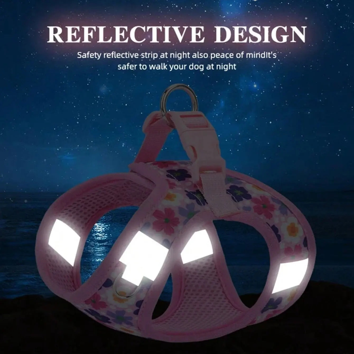 HD009-Flower Printed harness for Small to medium size dogs, Soft mesh padded and night reflective strips, 1.5-meter leash.
