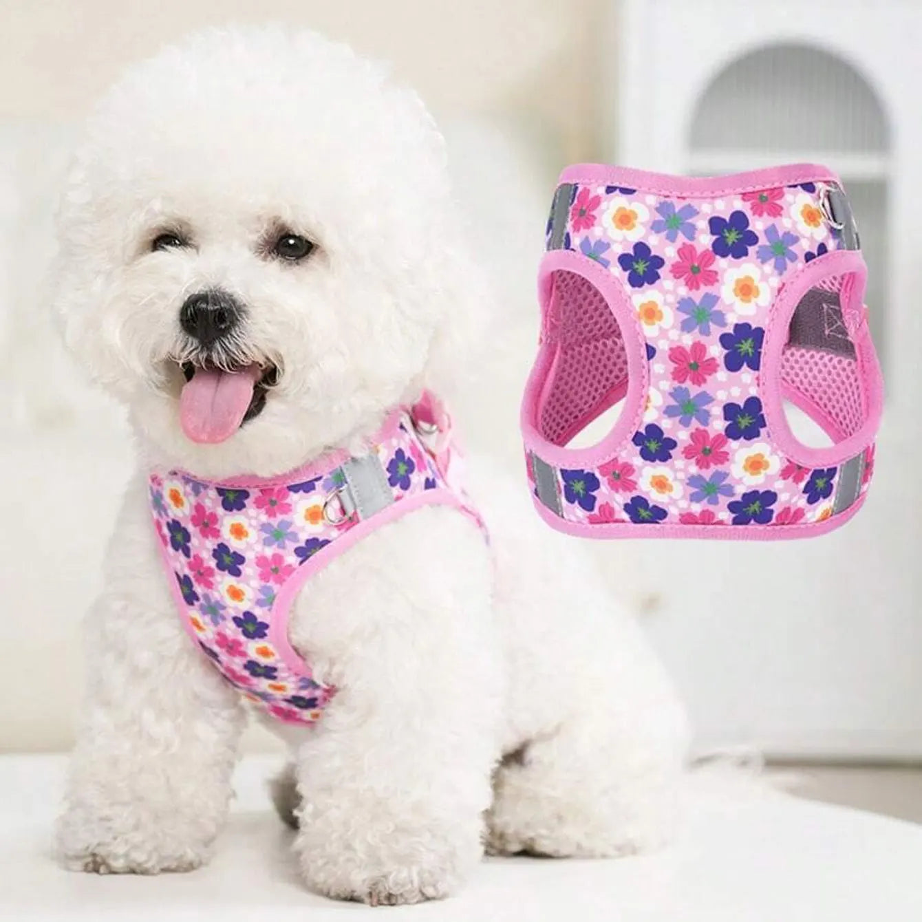 HD009-Flower Printed harness for Small to medium size dogs, Soft mesh padded and night reflective strips, 1.5-meter leash.