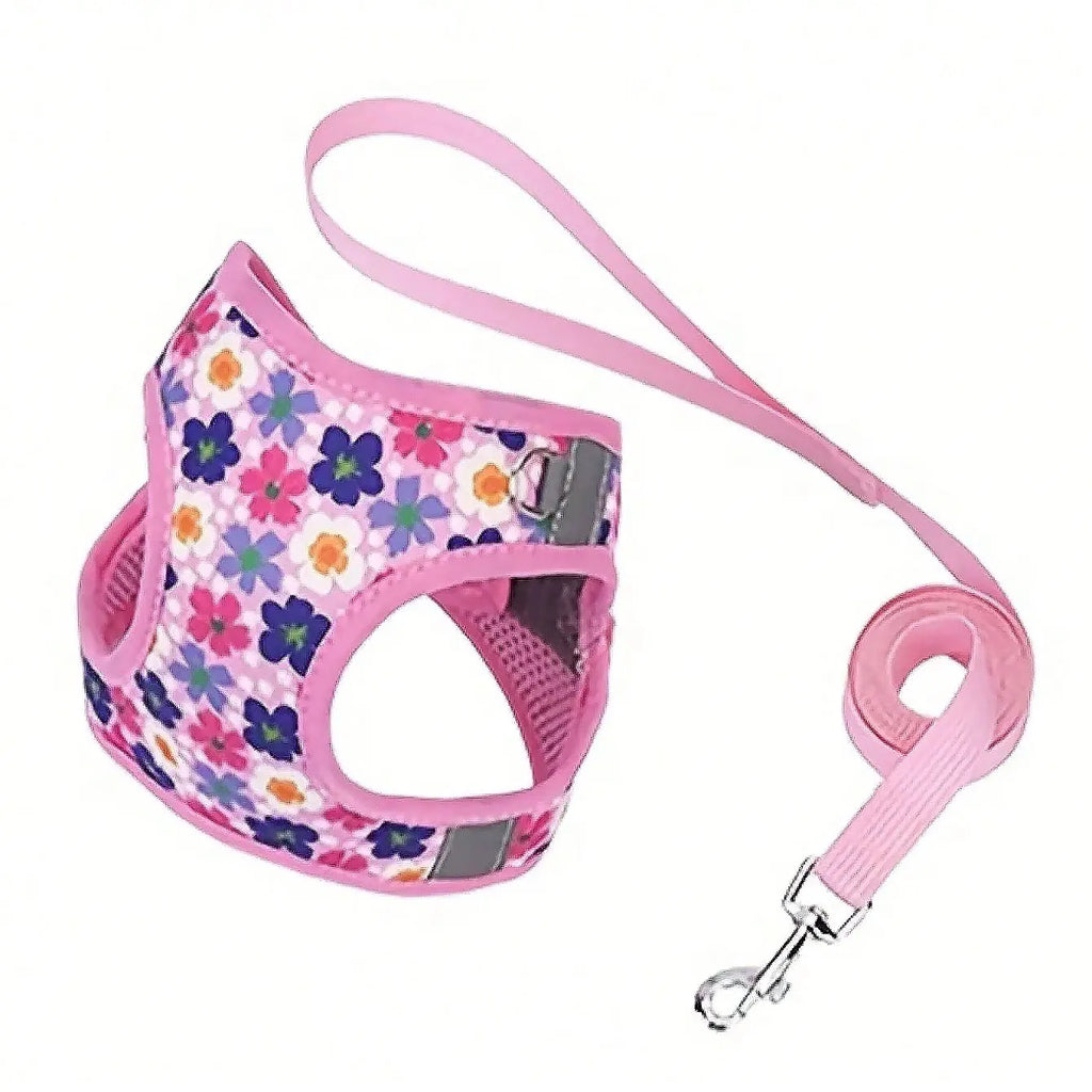 HD009-Flower Printed harness for Small to medium size dogs, Soft mesh padded and night reflective strips, 1.5-meter leash.