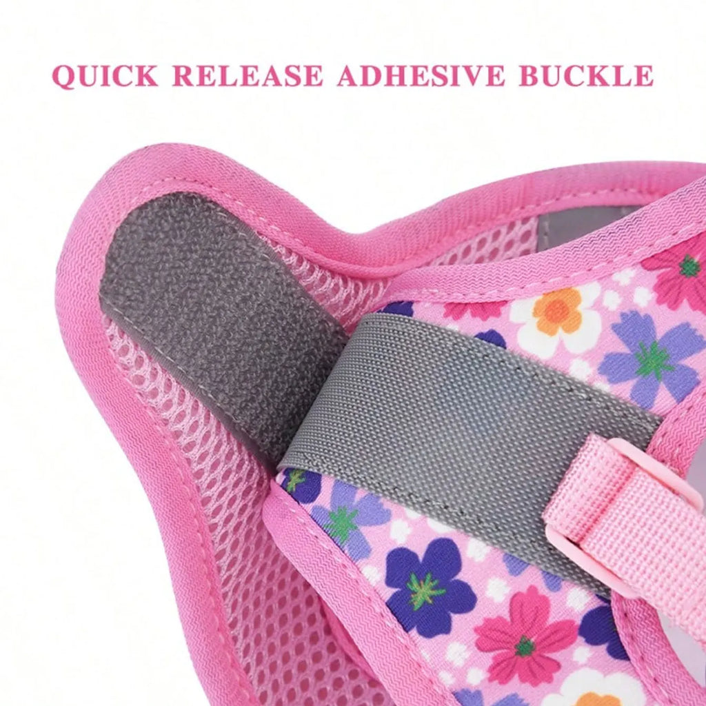 HD009-Flower Printed harness for Small to medium size dogs, Soft mesh padded and night reflective strips, 1.5-meter leash.
