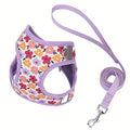 HD009-Flower Printed harness for Small to medium size dogs, Soft mesh padded and night reflective strips, 1.5-meter leash.
