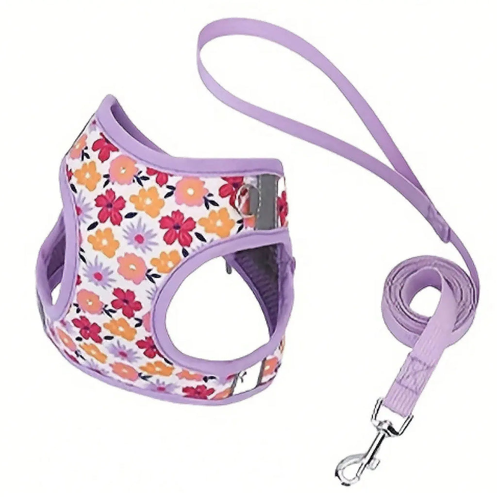 HD009-Flower Printed harness for Small to medium size dogs, Soft mesh padded and night reflective strips, 1.5-meter leash.