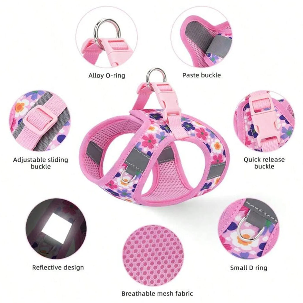 HD009-Flower Printed harness for Small to medium size dogs, Soft mesh padded and night reflective strips, 1.5-meter leash.