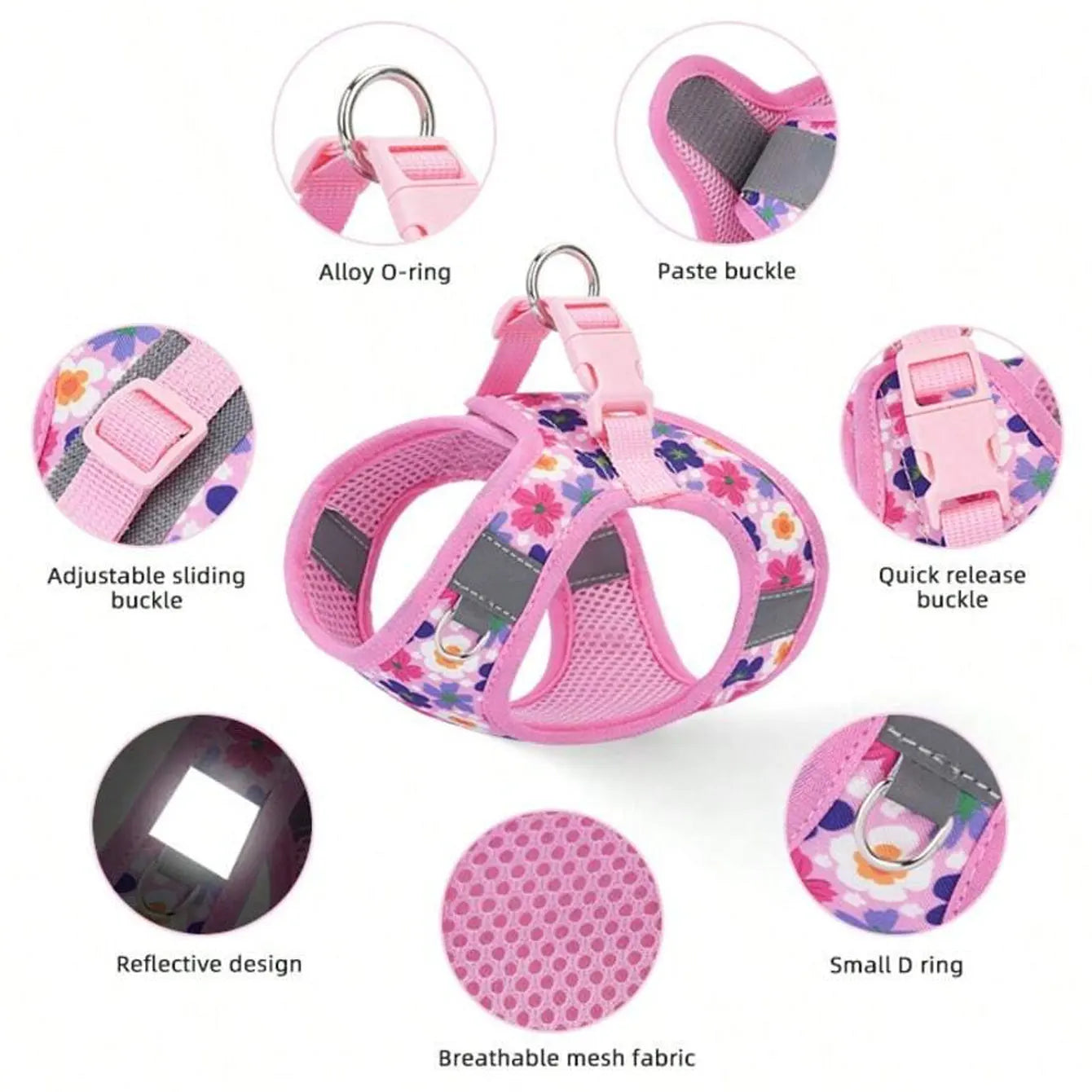 HD009-Flower Printed harness for Small to medium size dogs, Soft mesh padded and night reflective strips, 1.5-meter leash.
