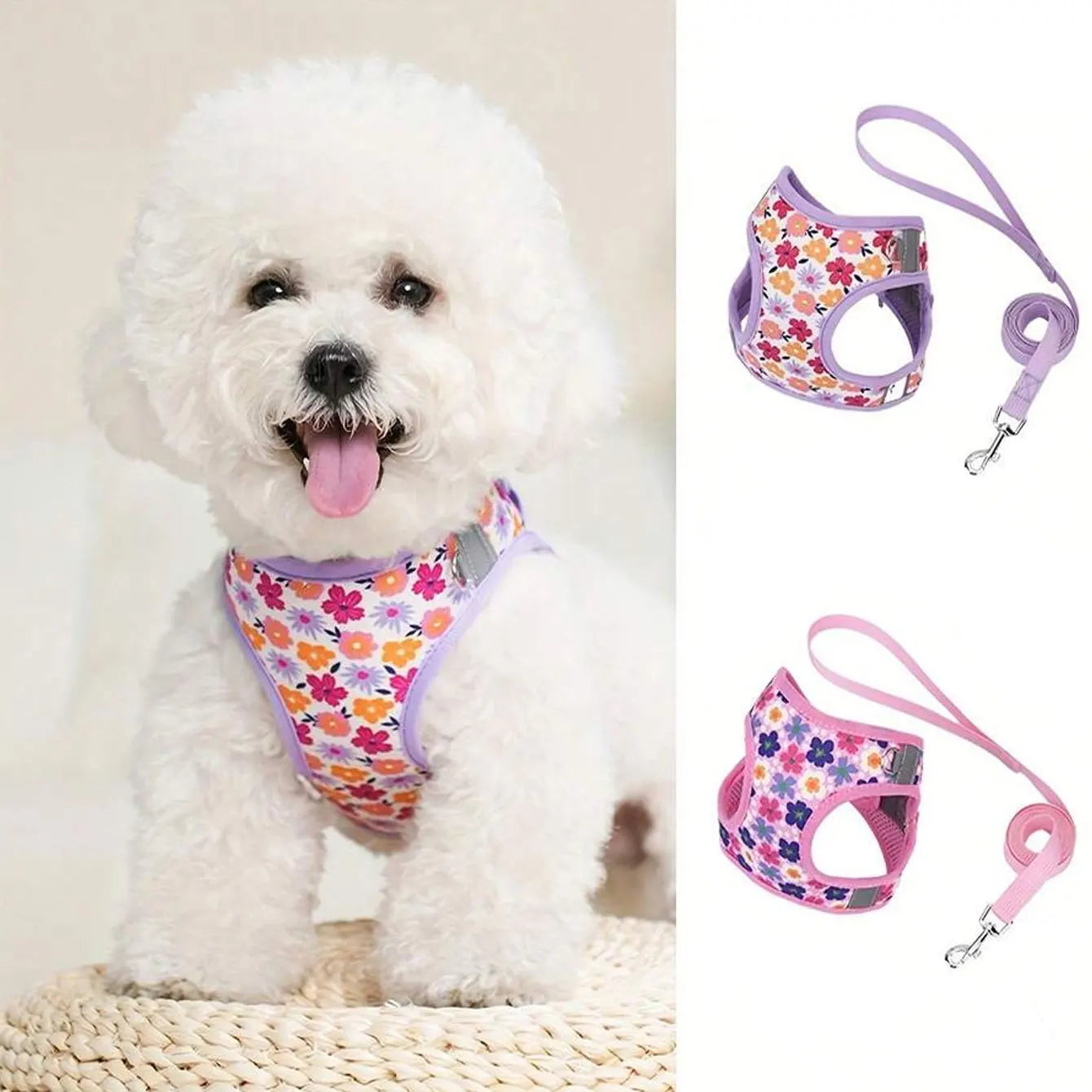 HD009-Flower Printed harness for Small to medium size dogs, Soft mesh padded and night reflective strips, 1.5-meter leash.