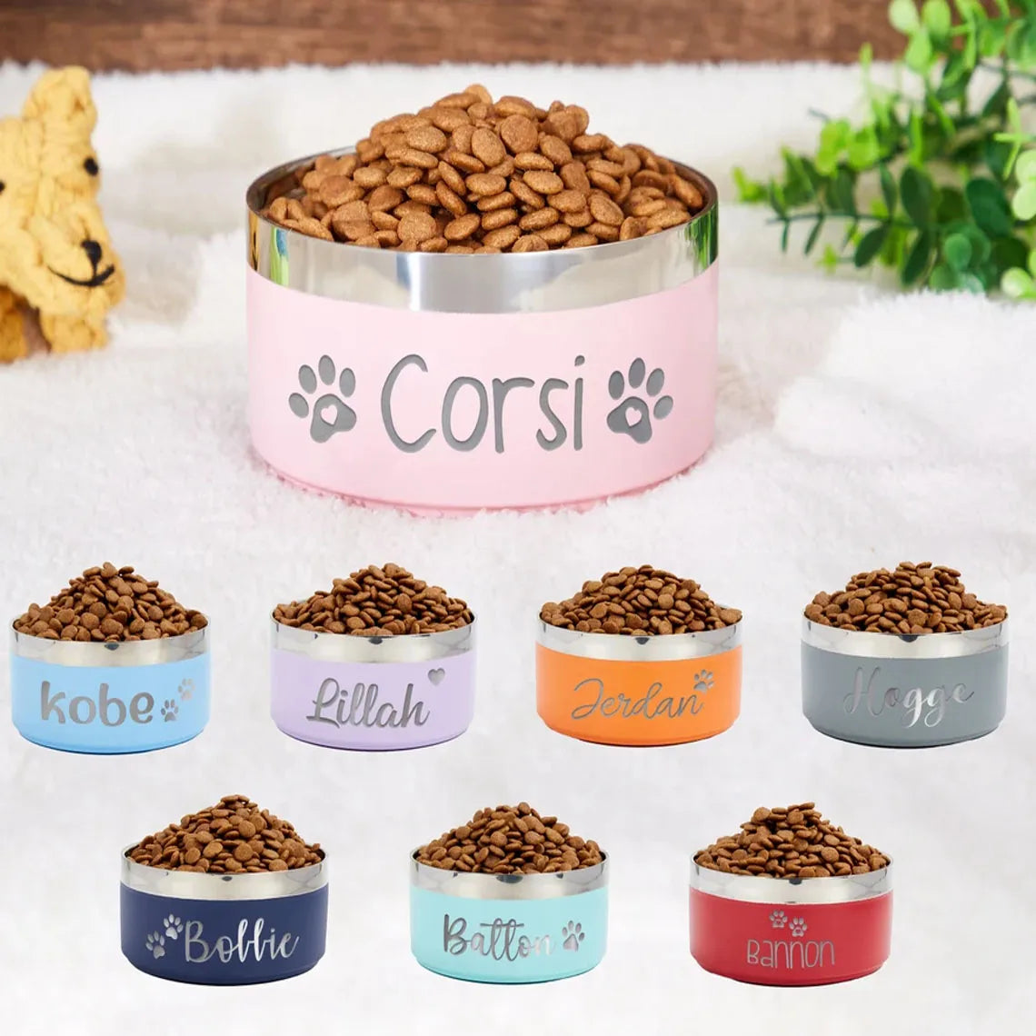 Personalized Dog Cat Food Water Bowls With Name Stainless Steel Colored Pet Bowl Custom Pet Accessory Gift Treat Decals Labels
