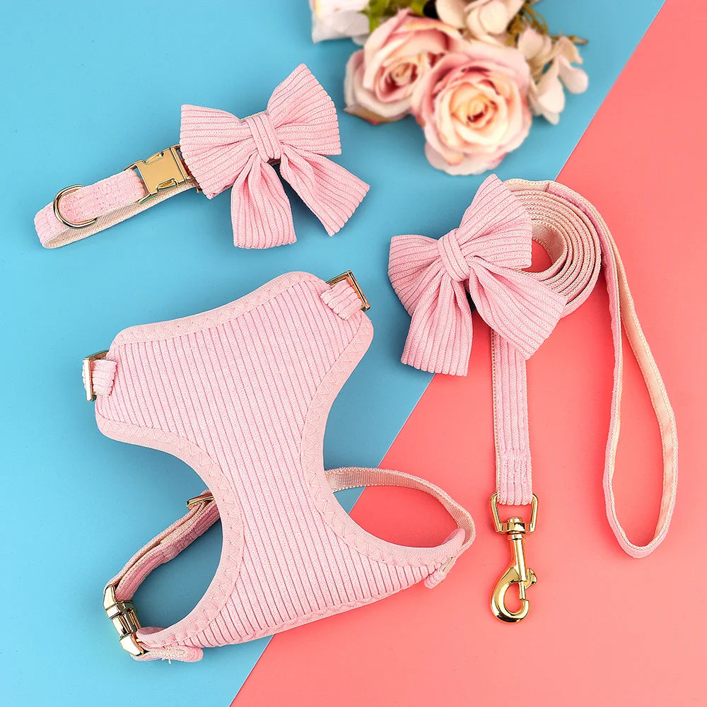 6 Color Dog Collar Harness and Leash 3pcs/Set Cute Bowknot Dogs Buckle Collars Pet Vest Harness Lead Leash Small Medium Dogs